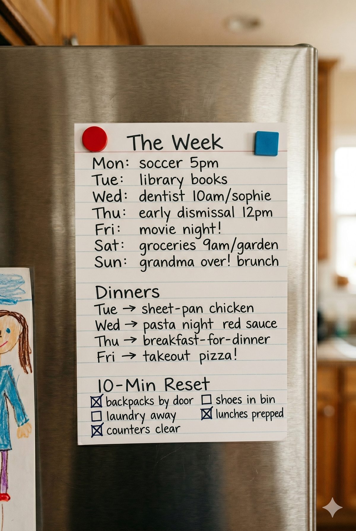 A handwritten weekly family reset on an index card, magneted to a fridge: the week's commitments, dinners for the tight nights, and a ten-minute house-reset checklist.